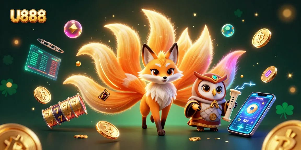 Engage in U888's vibrant gaming world with colorful spirits and dynamic crypto elements.