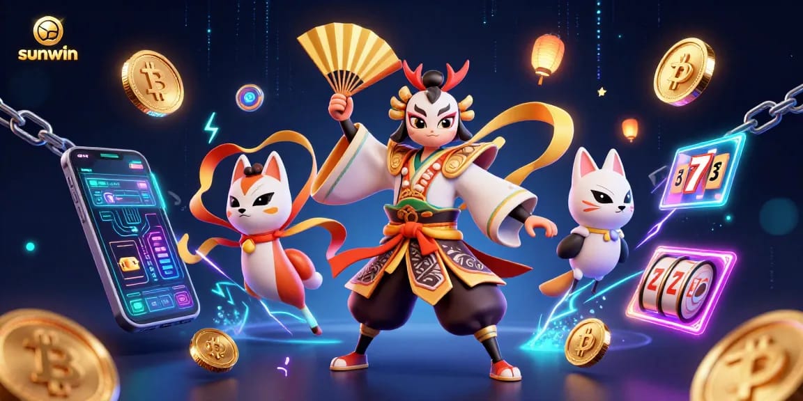 Experience sunwin's vibrant casino magic with kabuki warriors and glowing crypto coins.