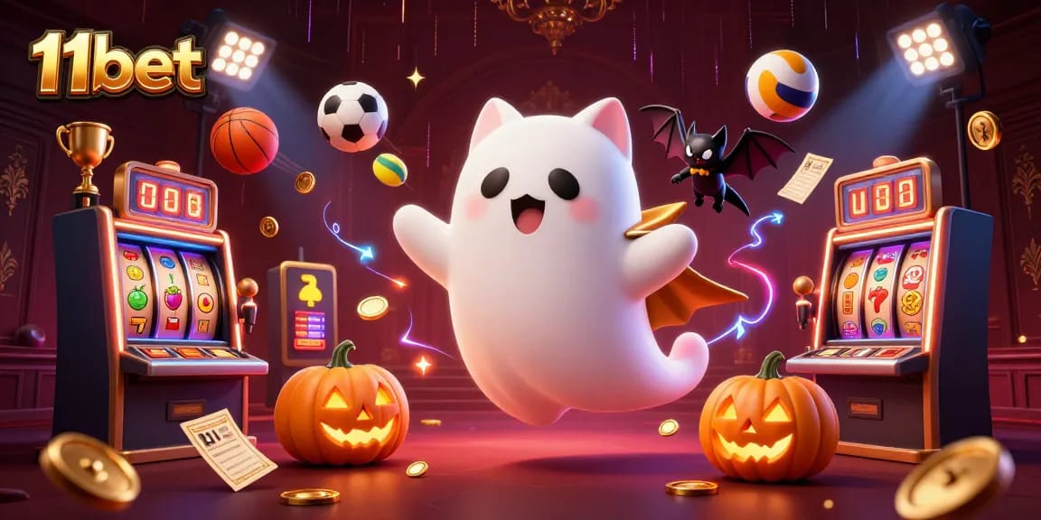 Engage with 11bet's thrilling slot adventures in a haunted casino with ghostly characters.