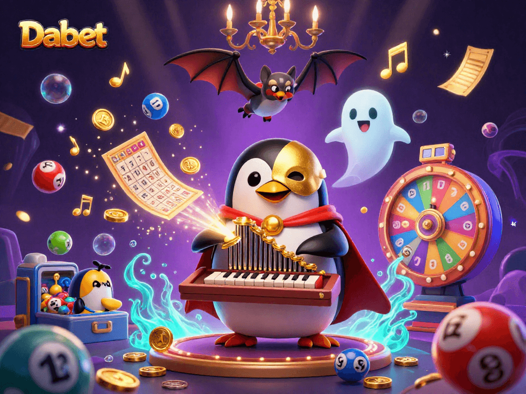 Dabet energizes players with a scene showcasing a phantom penguin, golden coins, and dynamic gambling elements.