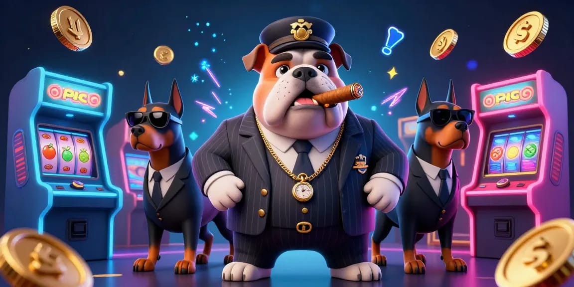 Experience Zo88's thrilling casino atmosphere with a mafia bulldog and Doberman bodyguards amidst vibrant gaming elements.