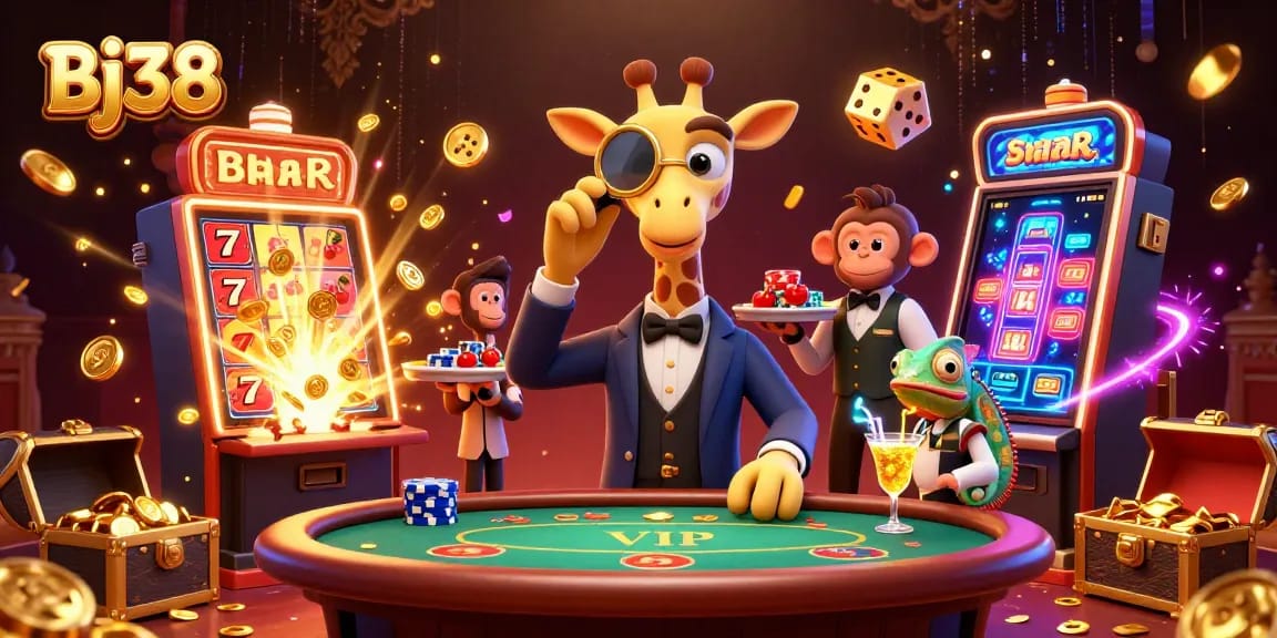 Bj38 captivates with a vibrant illustration featuring a high-roller giraffe and monkey valet at a poker table.