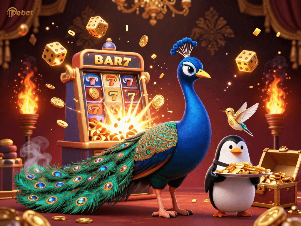 Experience thrilling gameplay and jackpots with Debet's dynamic casino scene, featuring engaging characters and vibrant elements.