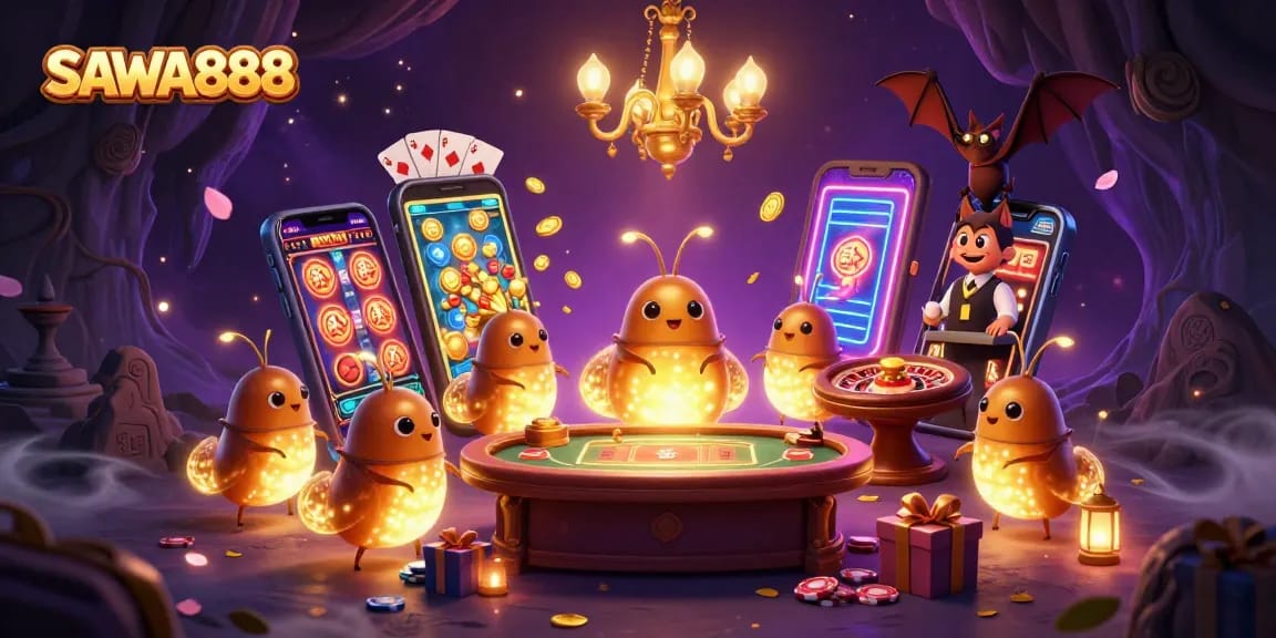 Experience SAWA888 with vibrant slots illuminated by glowworms in a magical cave casino setting.