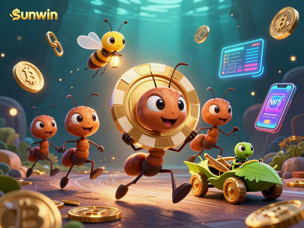 Sunwin's engaging scene of 3D ants heisting a giant golden poker chip amidst vibrant digital currencies.