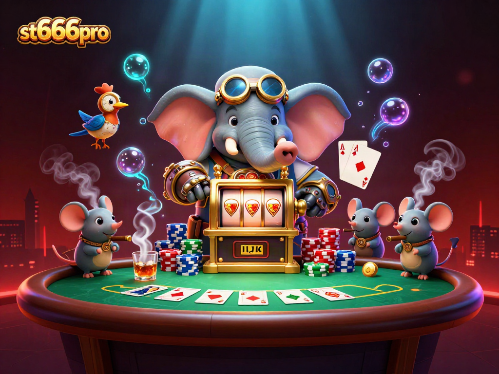 Spin the reels at st666pro with a whimsical scene of a steampunk elephant winning at a slot machine surrounded by poker elements.