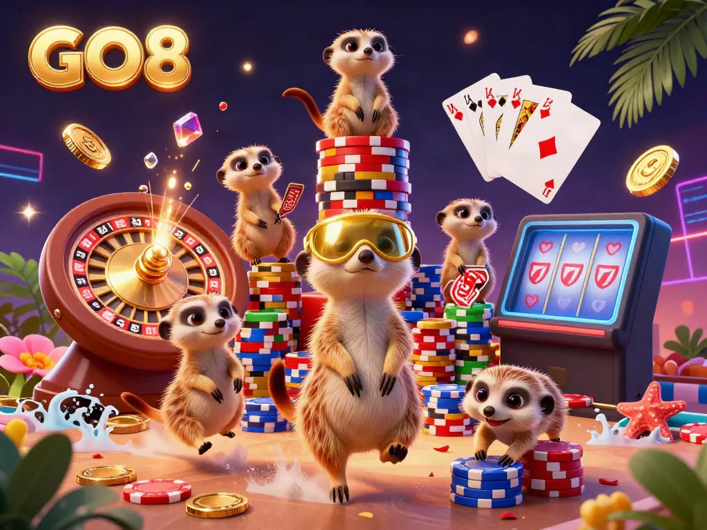 Experience the excitement of GO8 with energetic meerkats running a vibrant casino operation.