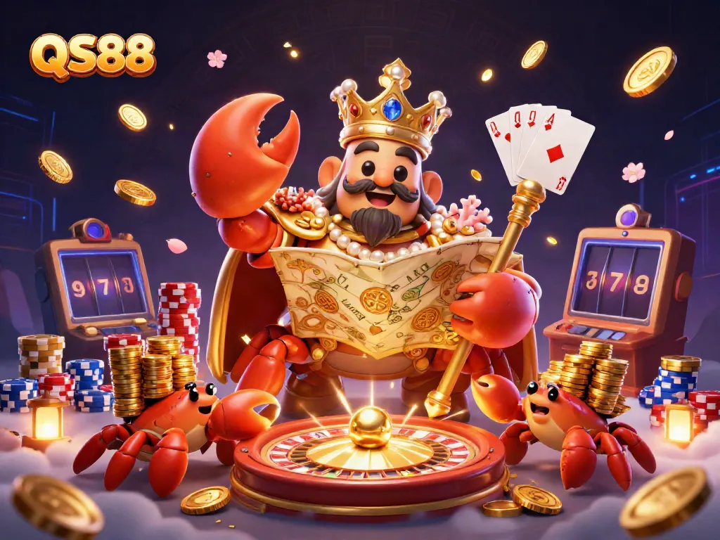 Experience the excitement of winning at QS88 with the golden crab emperor amidst casino treasures.