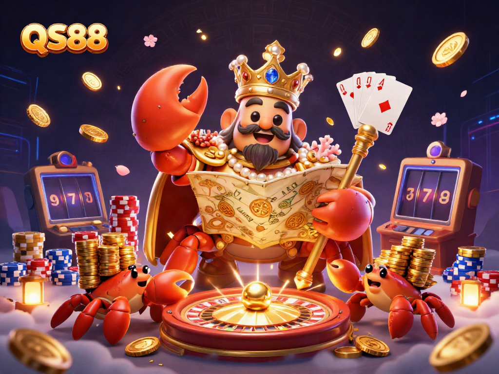 Experience the excitement of winning at QS88 with the golden crab emperor amidst casino treasures.