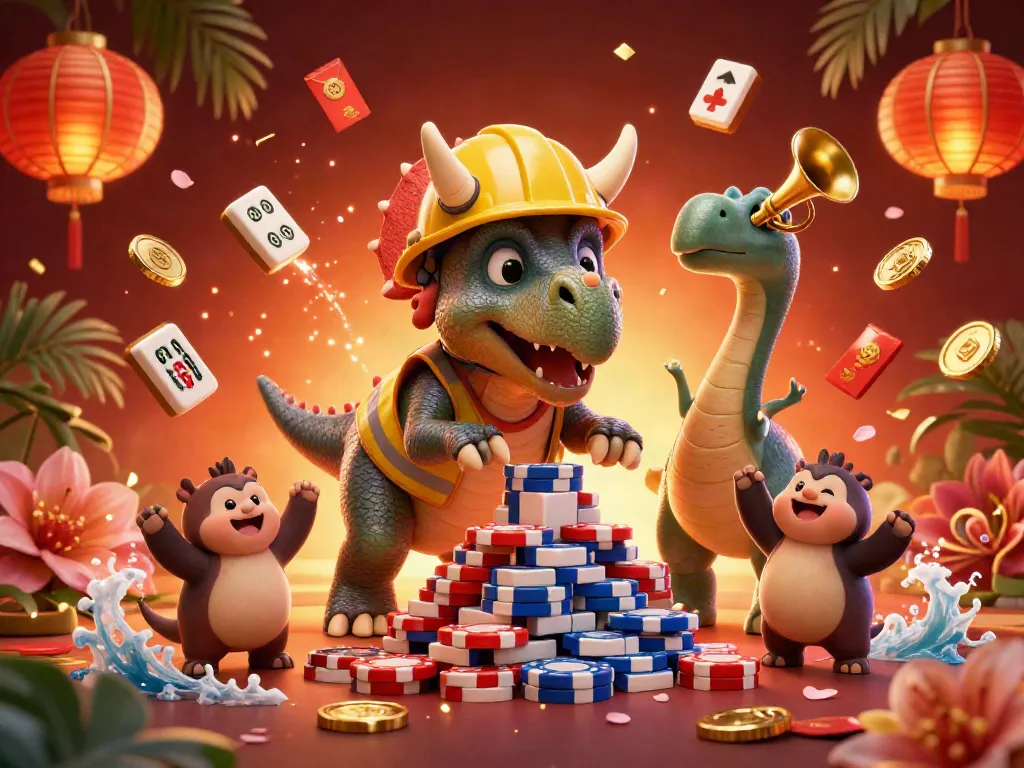 Engage in the world of Onbet with a vibrant 3D scene featuring a triceratops celebrating amidst poker chips.