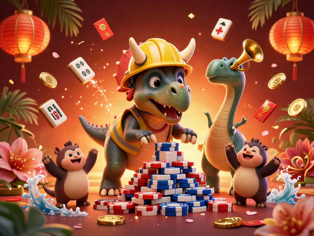 Engage in the world of Onbet with a vibrant 3D scene featuring a triceratops celebrating amidst poker chips.