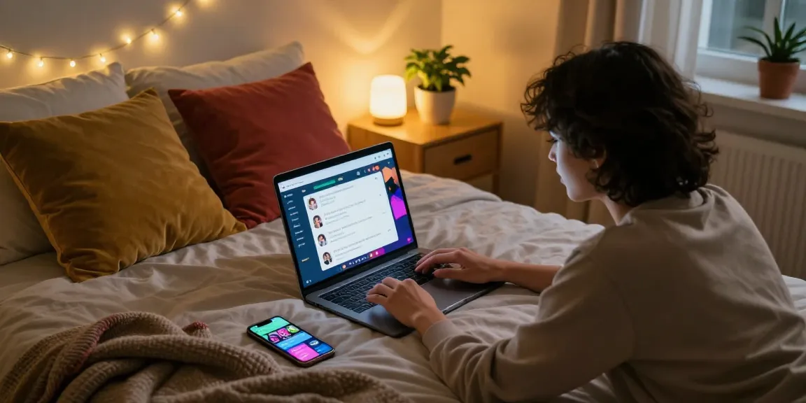 Engaging with 18+ AI chatbot on laptop in cozy bedroom setting.