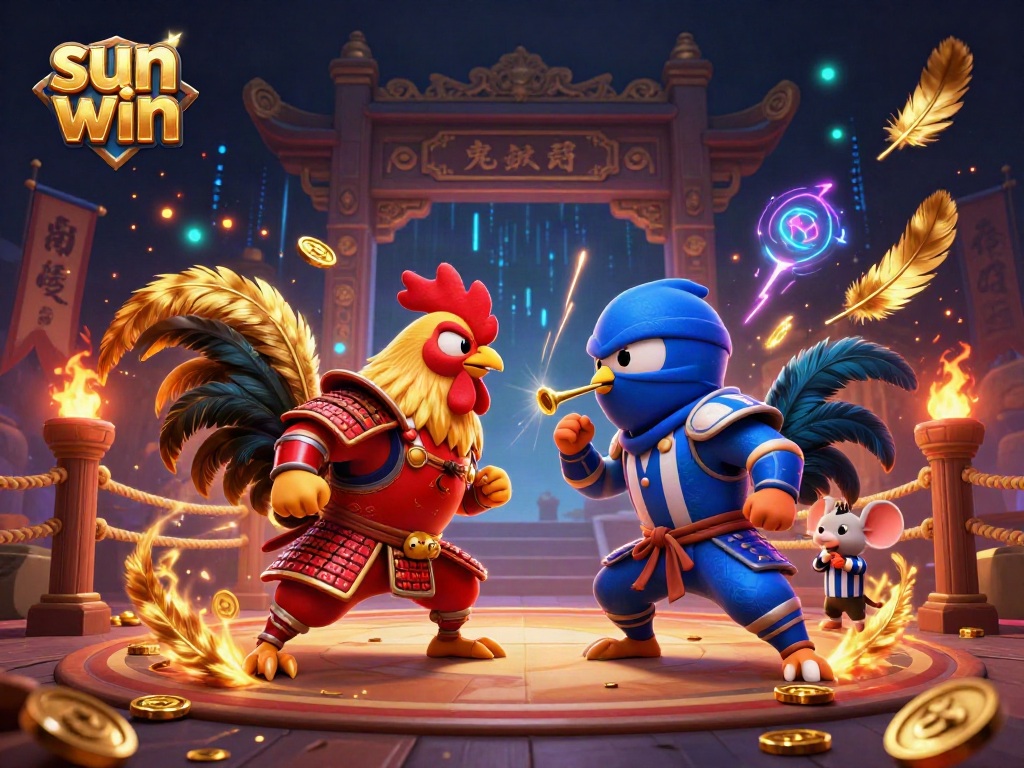 Experience excitement at sun win with 3D fighting roosters in a vibrant casino scene.