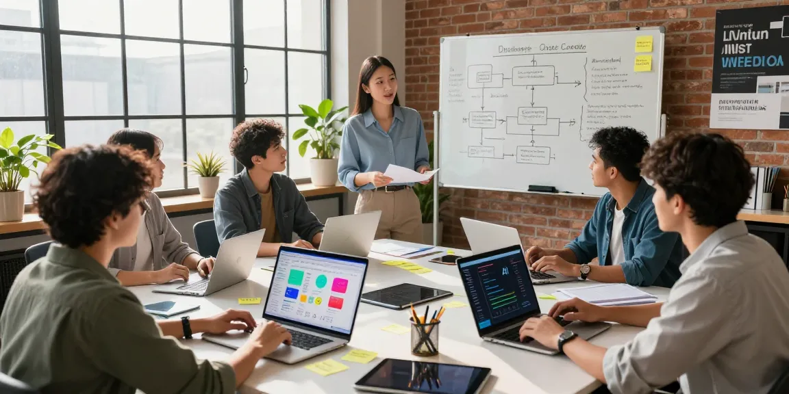 Team building internal tools with AI in a collaborative workspace, showcasing active project discussions and vibrant coding interfaces.