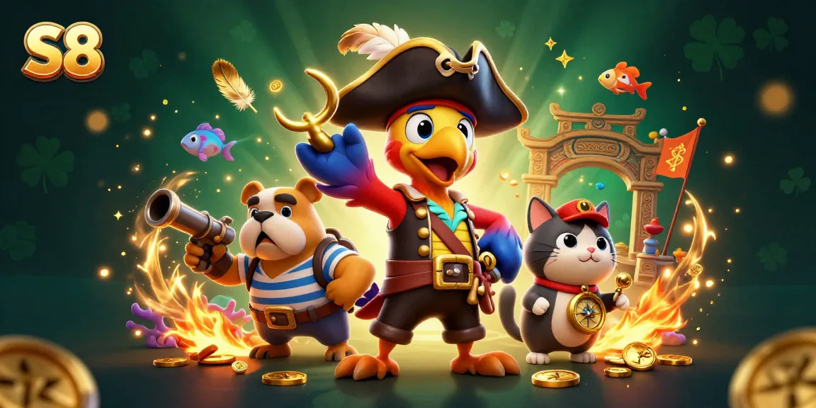 S8 pirate captain leads a thrilling fish shooting game adventure with friends in stunning illustration.