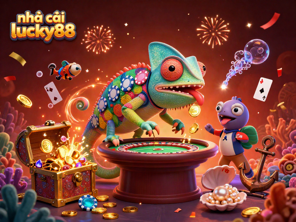 Navigating thrilling rewards at nhà cái lucky88 with a colorful 3D chameleon casino owner amidst vibrant gaming elements.