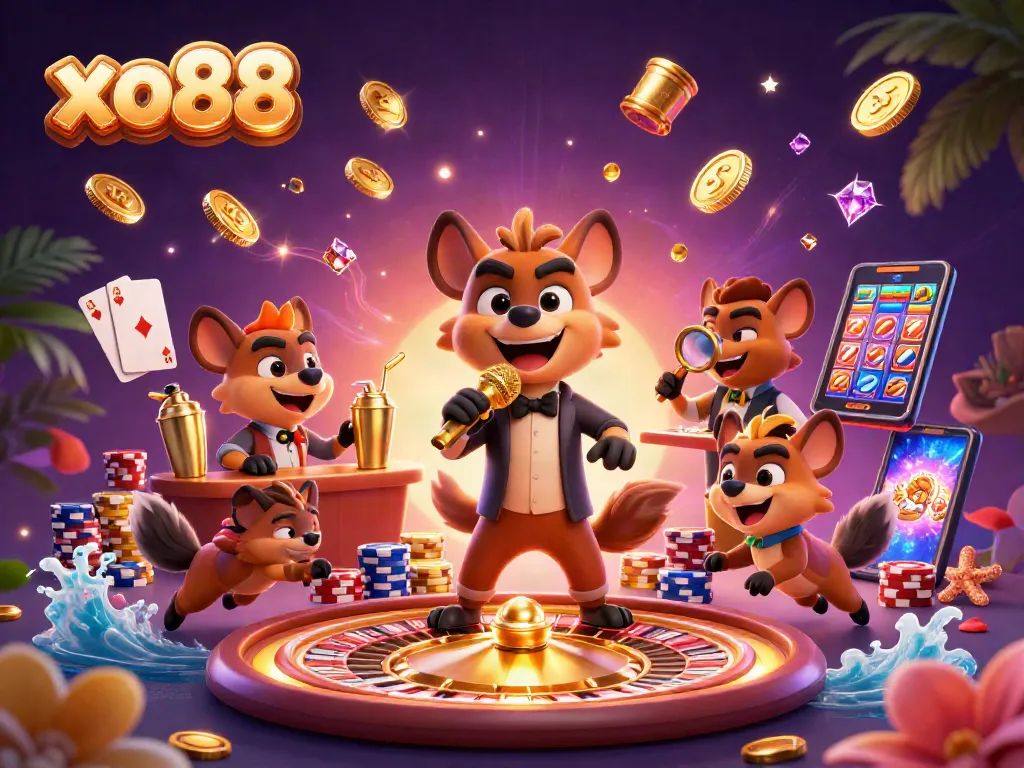 Experience the vibrant atmosphere of xo88's lively casino scene with hyenas, golden coins, and exciting games.