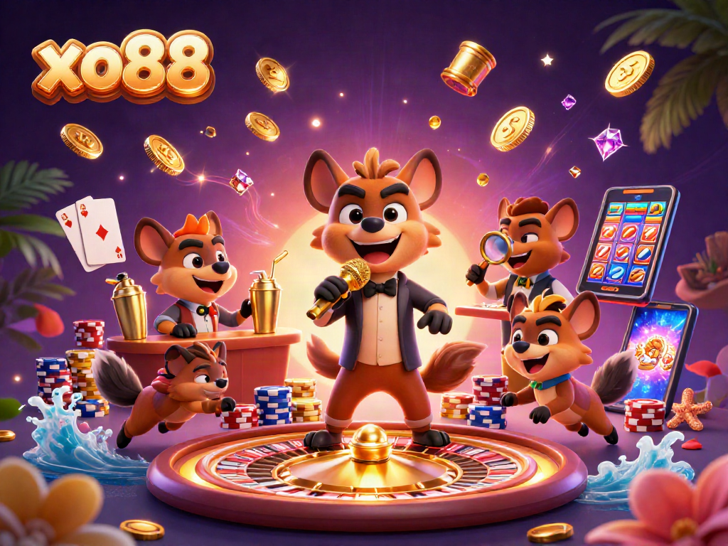 Experience the vibrant atmosphere of xo88's lively casino scene with hyenas, golden coins, and exciting games.