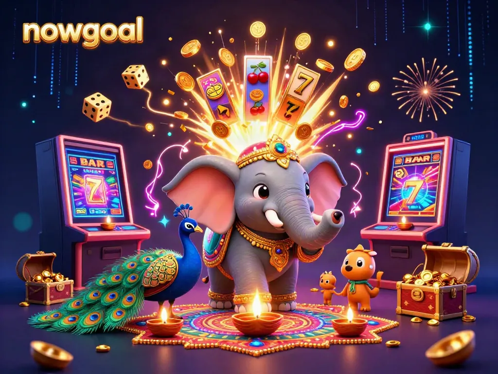 Experience winning excitement with nowgoal's vibrant gambling scene featuring a jubilant elephant, peacock, and dynamic casino elements.