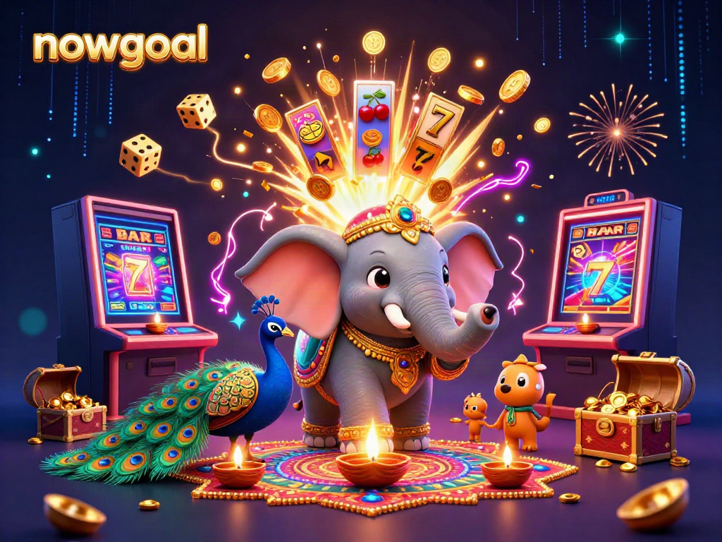 Experience winning excitement with nowgoal's vibrant gambling scene featuring a jubilant elephant, peacock, and dynamic casino elements.