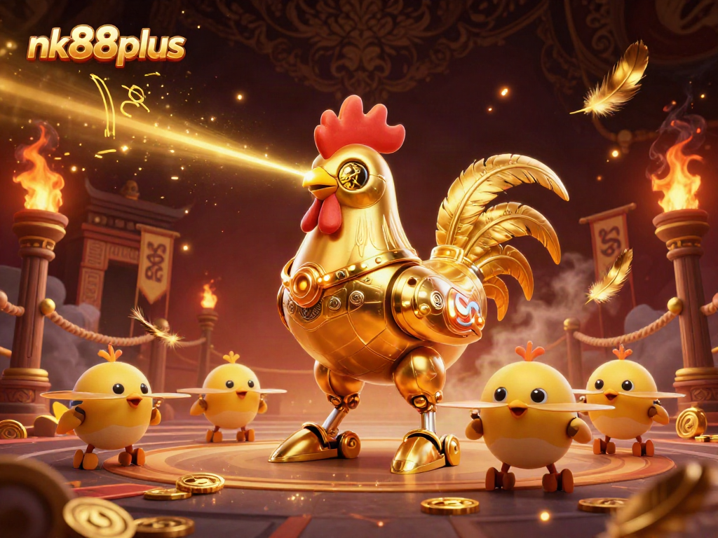 Engage with nk88plus in a vibrant 3D illustration featuring a golden rooster robot and baby chick drones amidst casino action.
