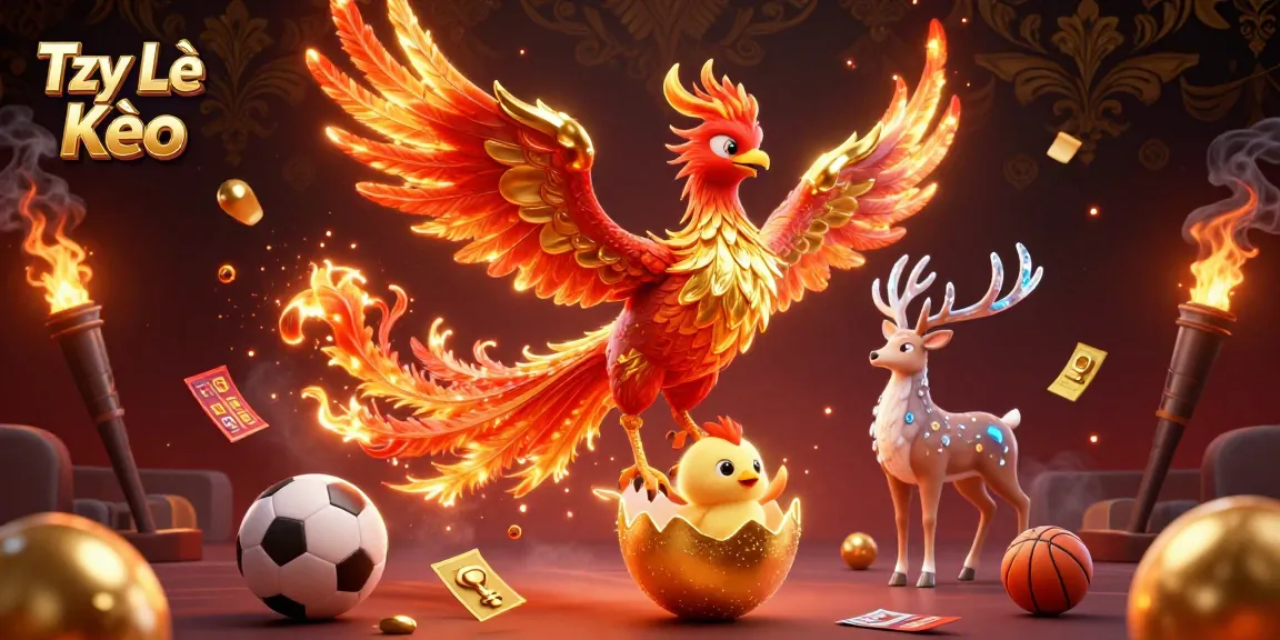 Betting on Tỷ Lệ Kèo with dynamic phoenix and stag amid 3D sports-themed elements.
