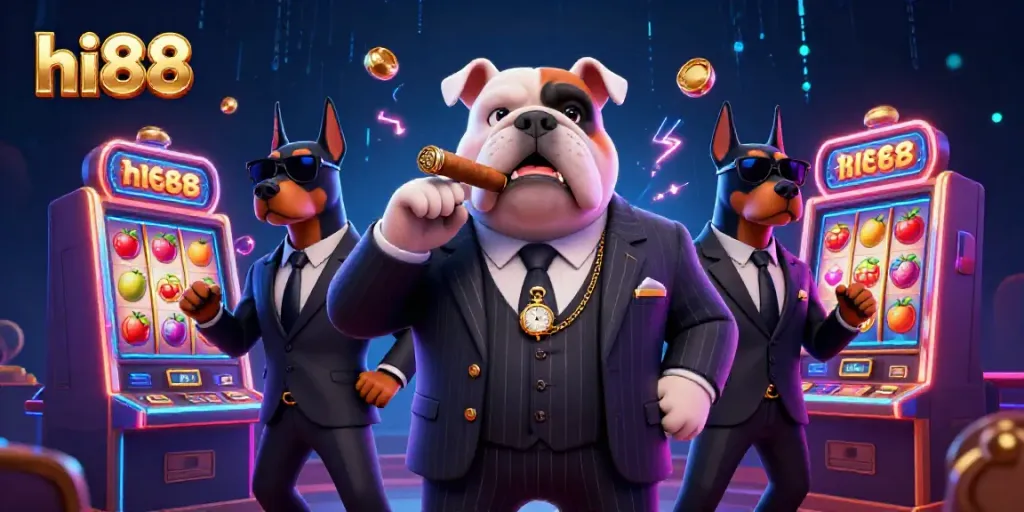 Experience the vibrant gaming atmosphere at hi88 with a mafia bulldog and his bodyguards surrounded by slot machines.