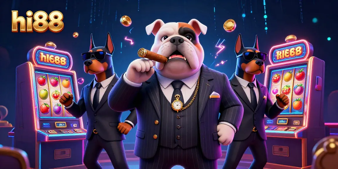 Experience the vibrant gaming atmosphere at hi88 with a mafia bulldog and his bodyguards surrounded by slot machines.