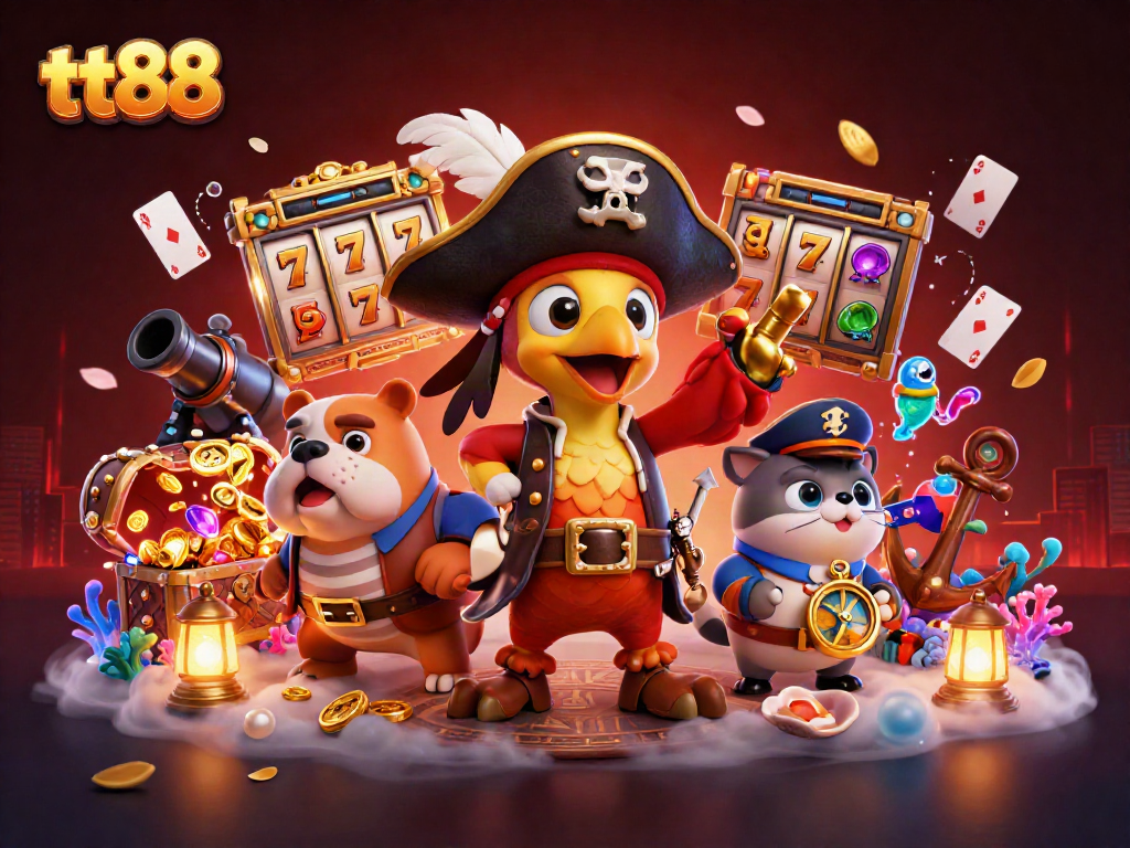 tt88's thrilling casino adventure with cartoon characters amid slot machines and underwater treasure.