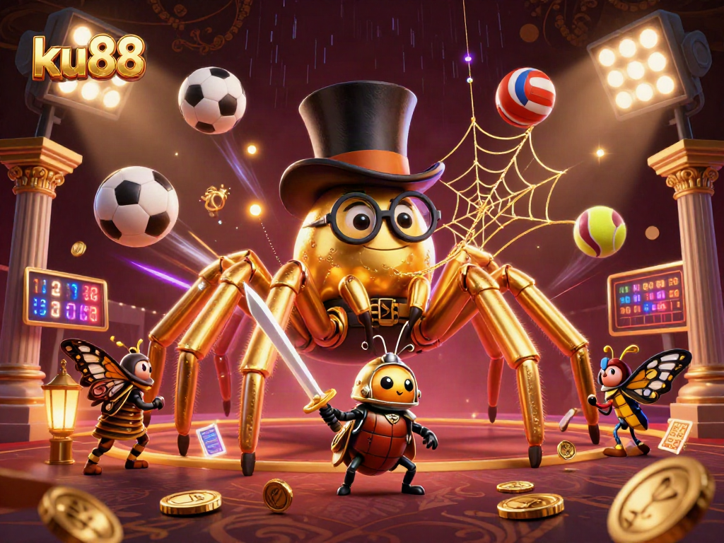 ku88 brings thrill with a golden tarantula and beetle knight in a vibrant casino scene.