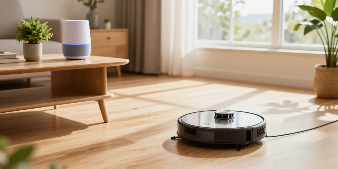 Robot vacuum 2026 cleaning a stylish living room with smart home devices in the background.
