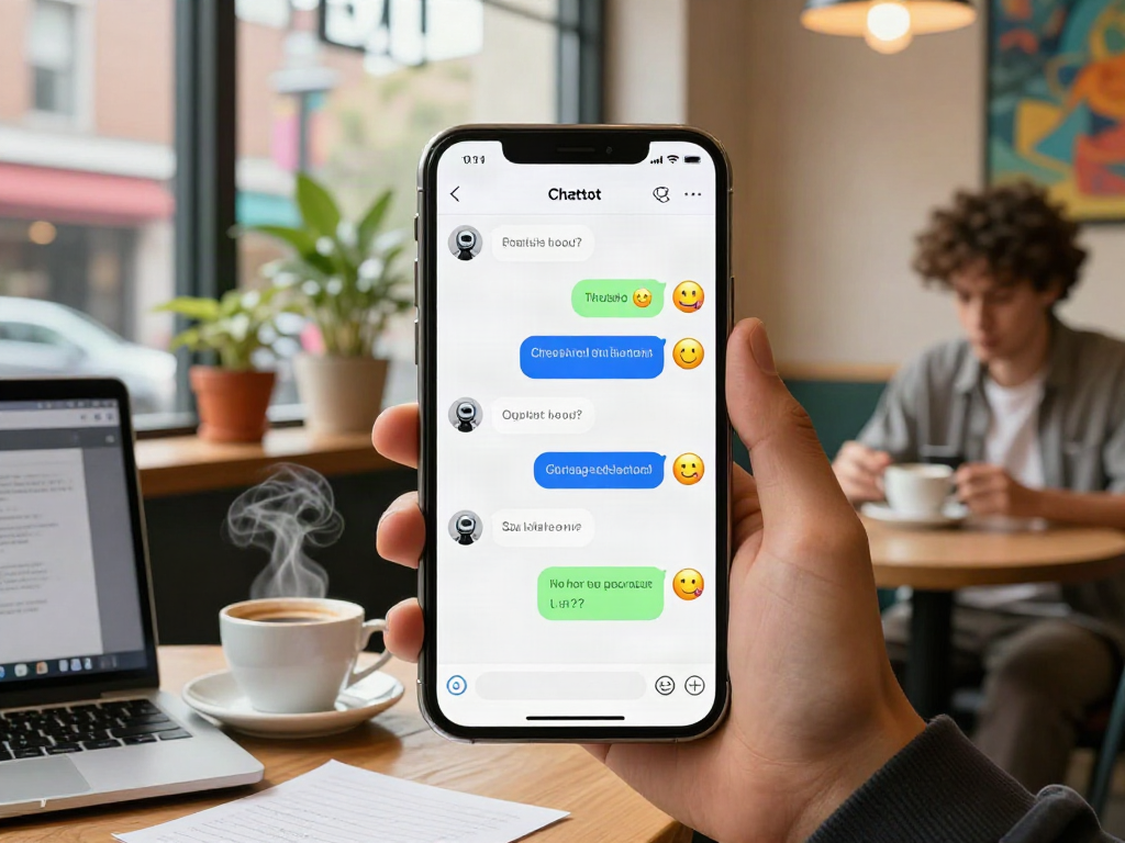 Engaged user interacting with nsfw ai chat in a vibrant coffee shop.