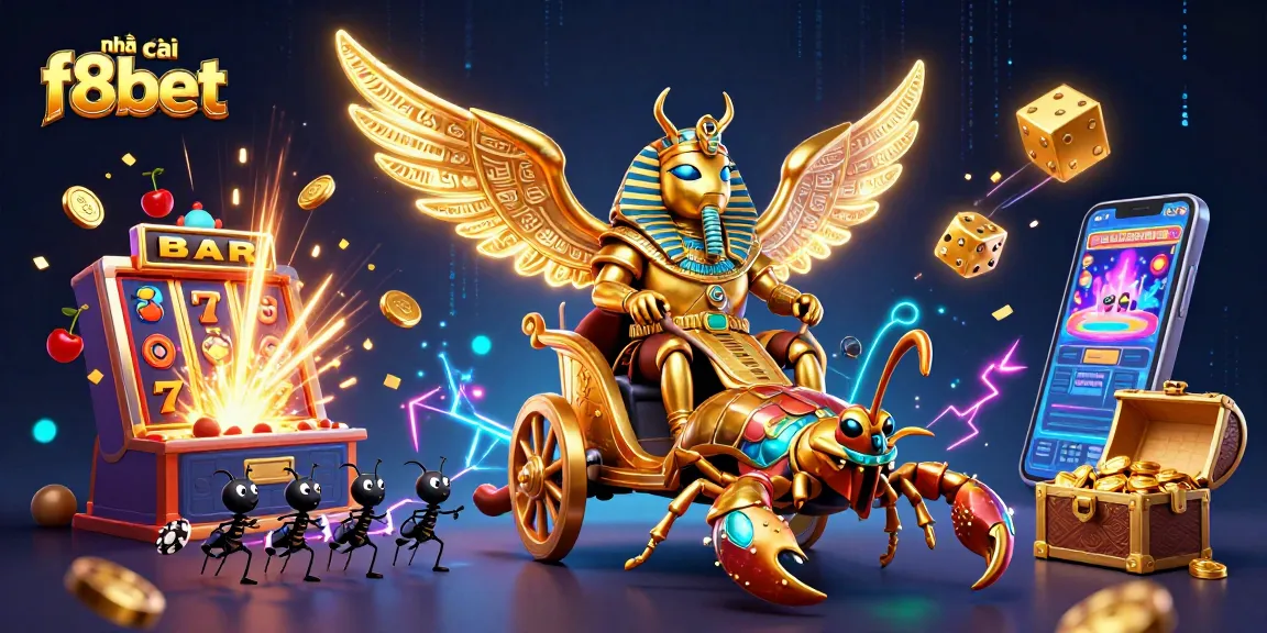 Experience the gaming thrill at nhà cái f8bet with a colossal golden scarab and vibrant casino elements.