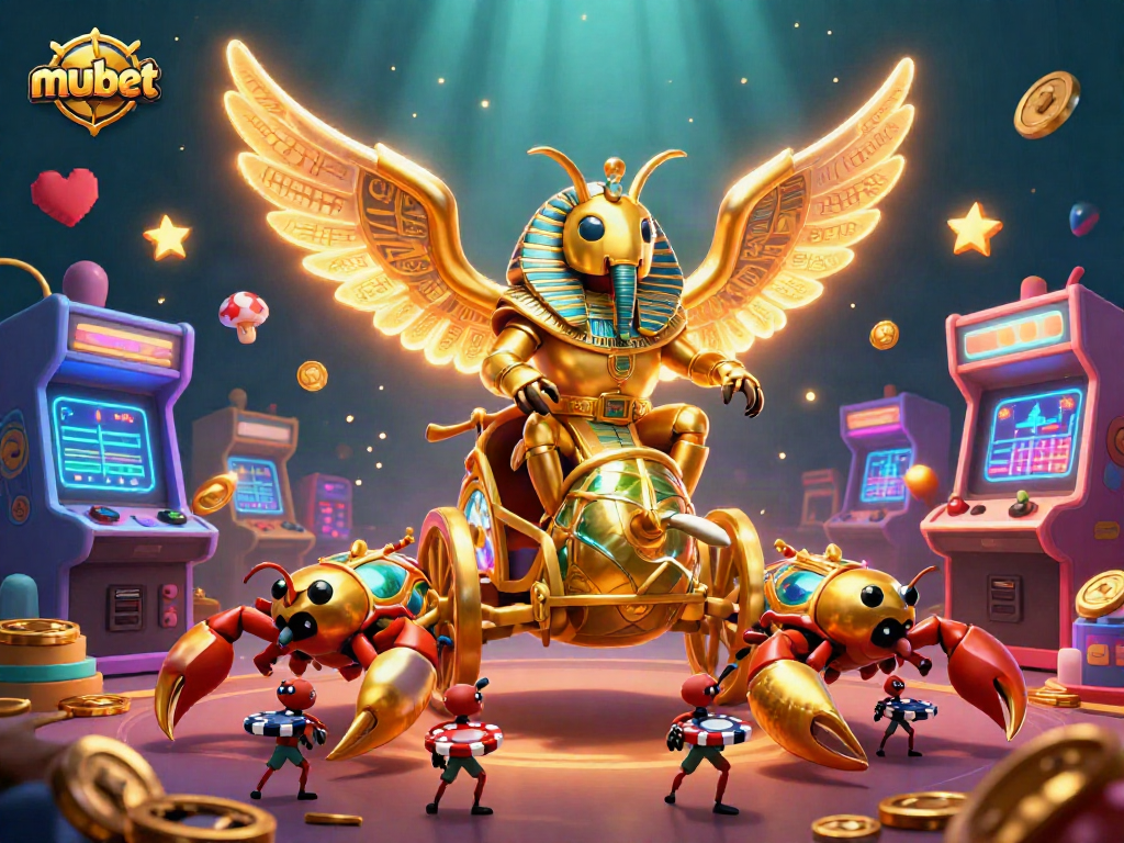 Mubet showcases a vibrant 3D casino scene with a colossal golden scarab beetle and gaming elements, creating an engaging atmosphere for players.