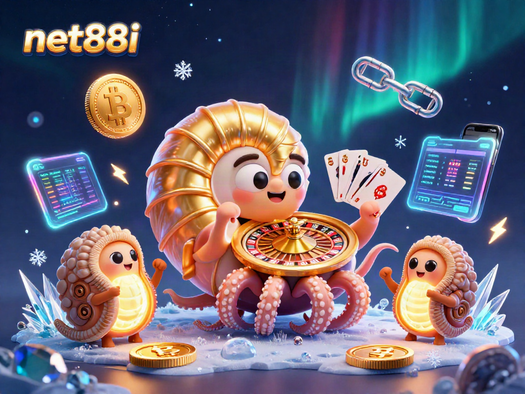 Experience dynamic betting with net88i's vibrant casino games and glowing cryptocurrency elements.