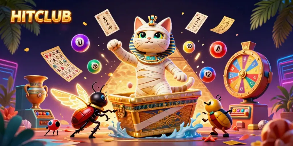 Experience thrilling gameplay with HITCLUB as an Egyptian mummy cat and scarab beetle navigate a vibrant casino atmosphere.
