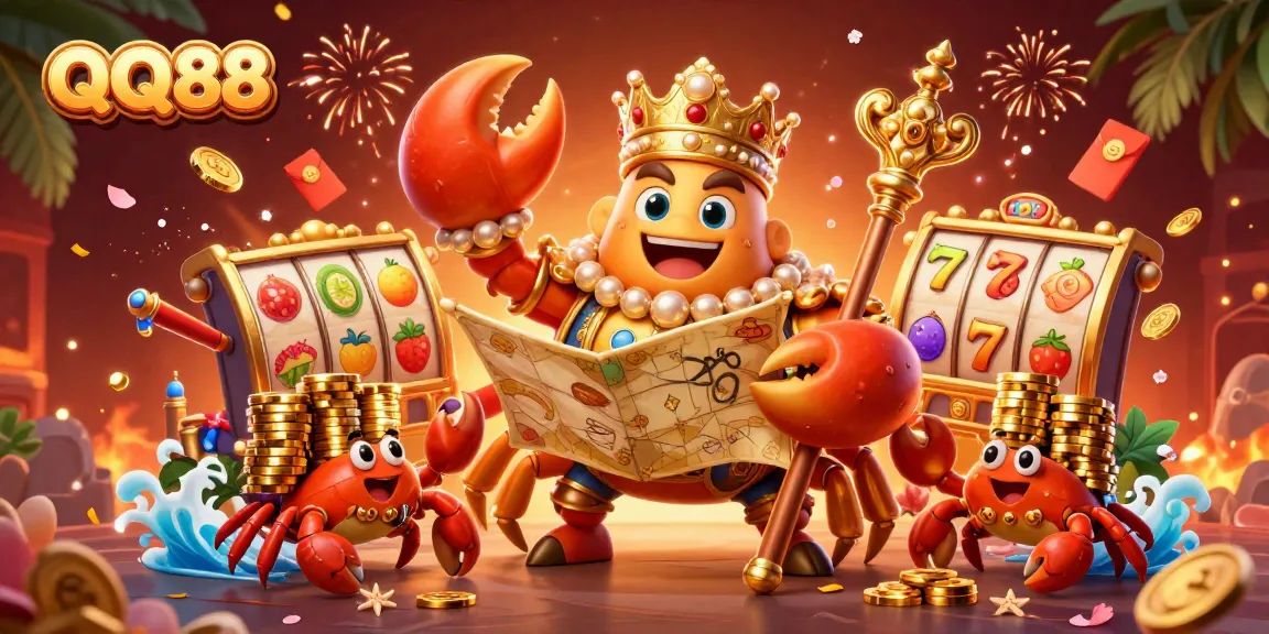 Experience the thrill of QQ88 with vibrant crab characters and exciting slot elements in a captivating 3D scene.