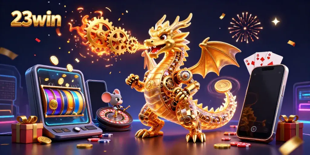 Experience exciting gaming with 23win's dynamic casino scene featuring a golden dragon and vibrant slot games.