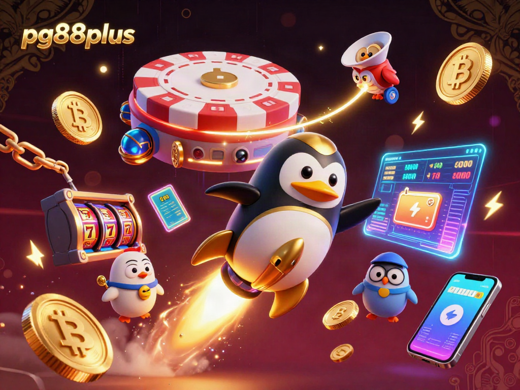 Experience pg88plus action with a golden penguin at a casino space station, vibrant gaming atmosphere