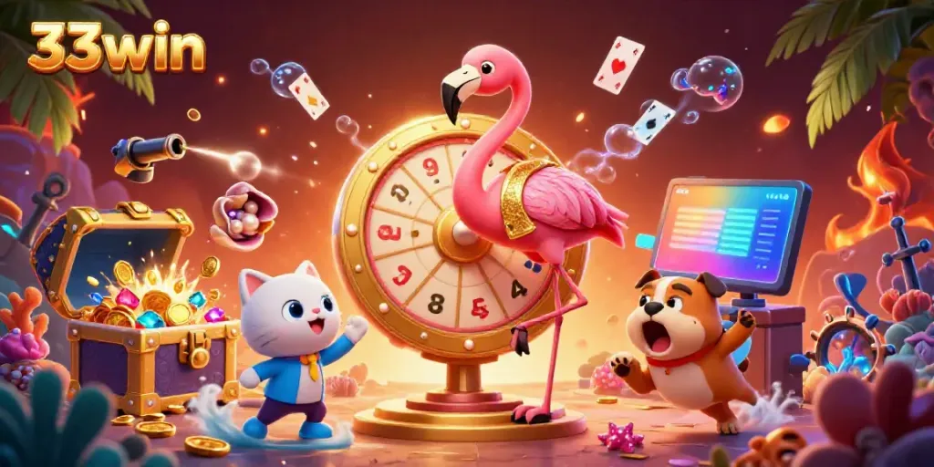 Experience the thrills of gaming with 33win as flamingos, bulldogs, and cats celebrate in an exciting casino scene.