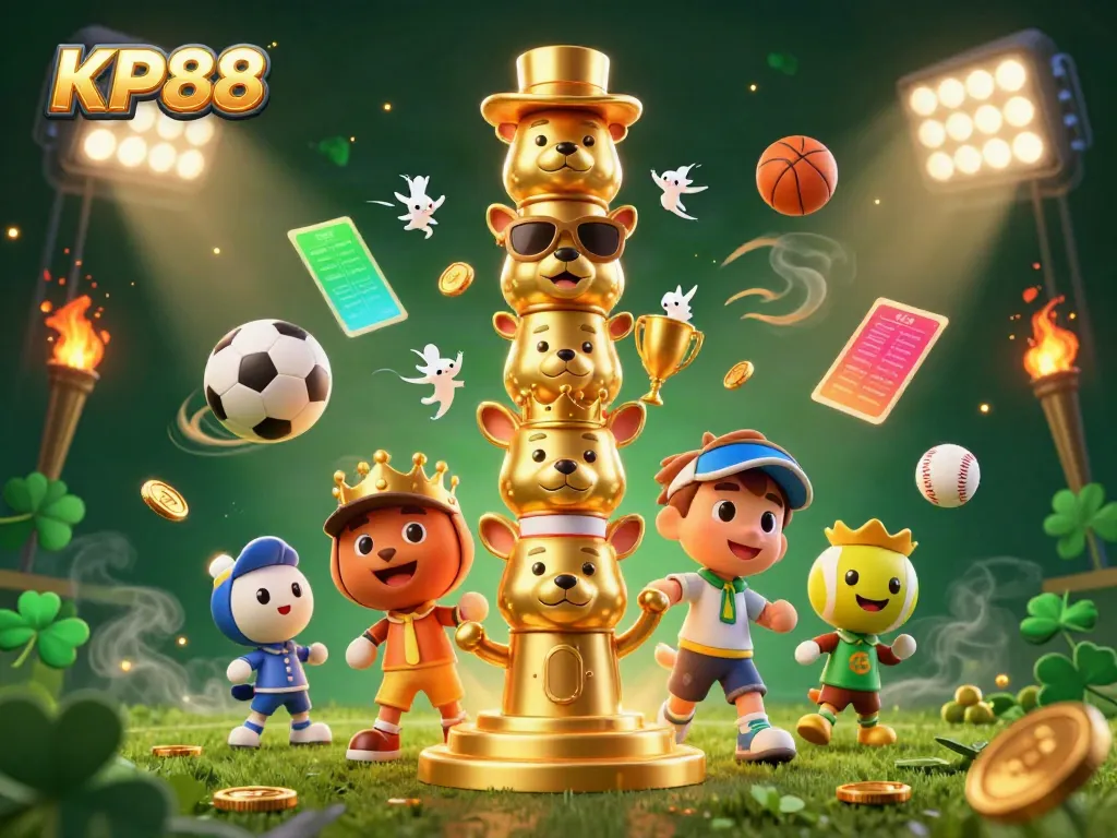 Experience thrilling sports betting action with KP88's vibrant casino-themed illustration.