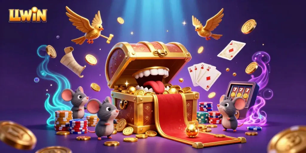 LLWIN captivates players with a vibrant 3D illustration showcasing treasures and games.