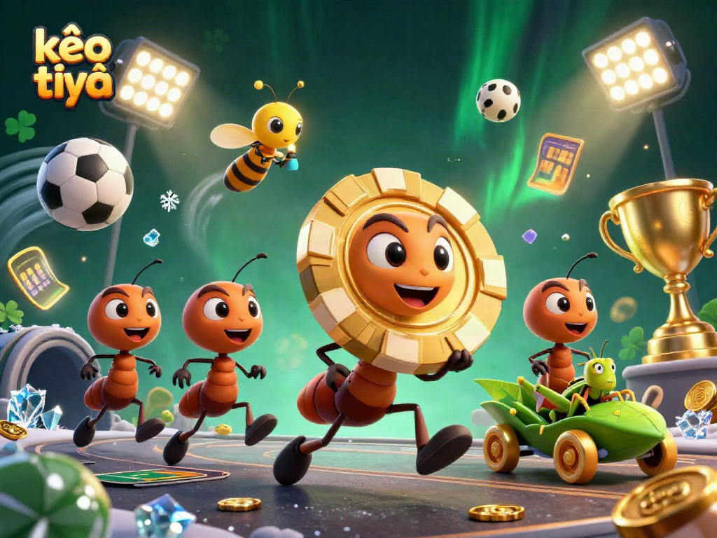 Engaging scene featuring kèo trực tuyến with cartoon ants carrying a golden poker chip amidst sports elements.