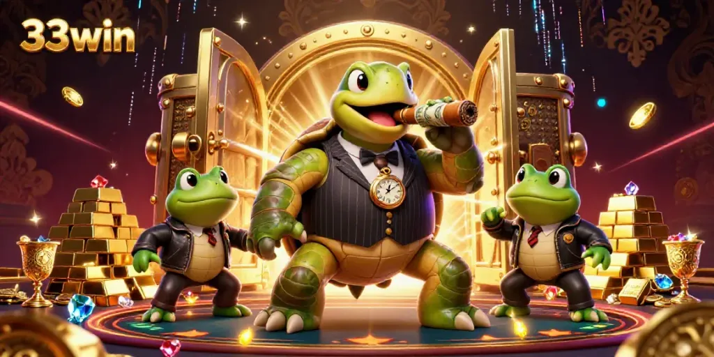 Engaging 3D casino scene with a turtle in a suit and bullfrogs, showcasing 33win's vibrant gaming environment.