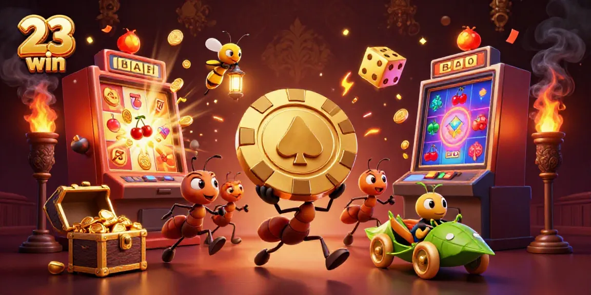 Experience a thrilling heist in a vibrant 23 win casino scene featuring golden poker chips and lively animation.