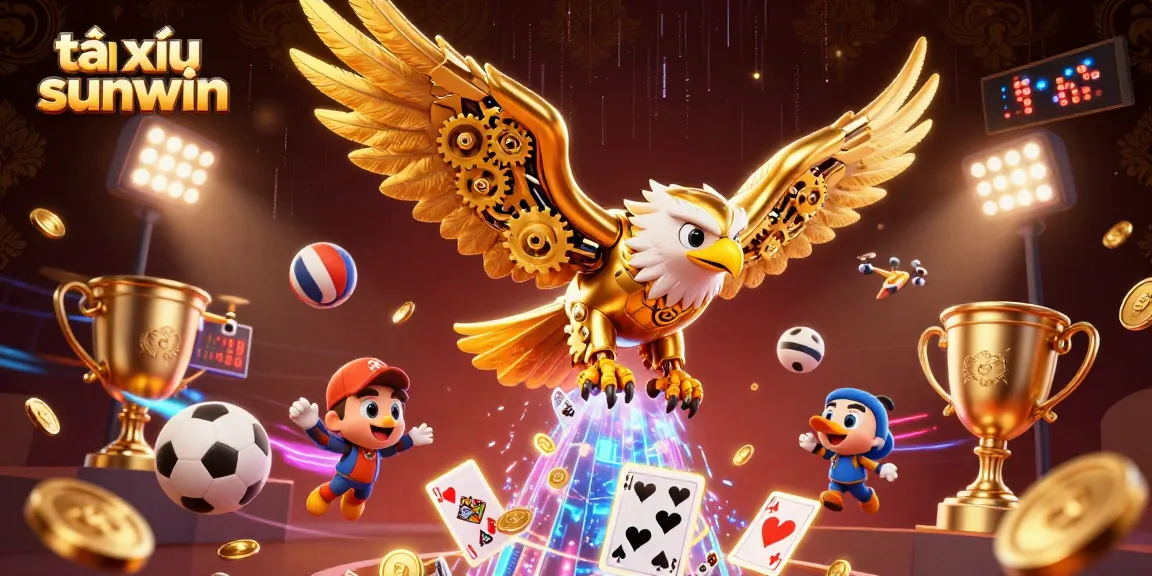 Experience the thrill of tài xỉu sunwin with dynamic card action and vibrant sports elements in this 3D illustration.