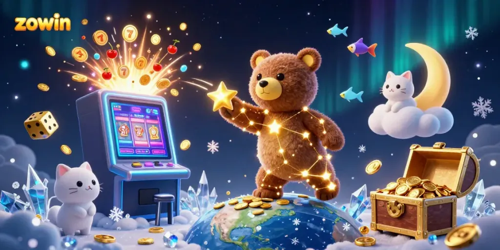 Engage in festive fun with the zowin-themed 3D casino illustration featuring vibrant games and characters.