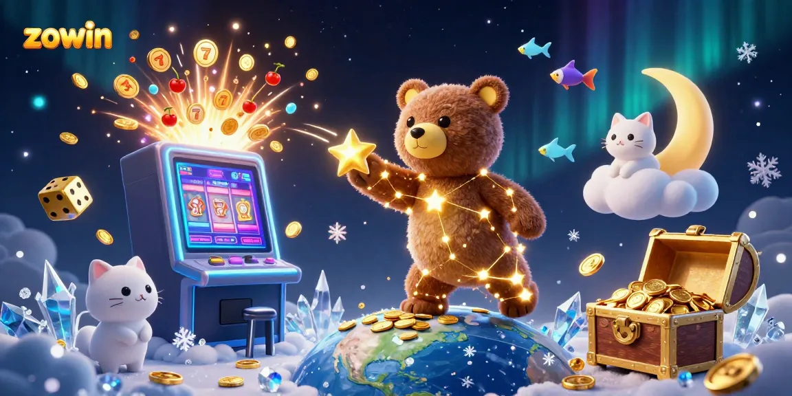 Engage in festive fun with the zowin-themed 3D casino illustration featuring vibrant games and characters.