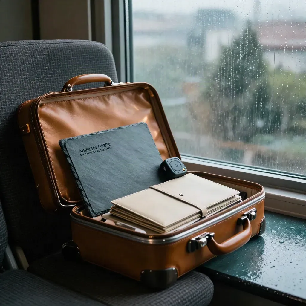 Moody hotel window seat with travel care kit, pouch, carry-on and tracker at dawn after rain
