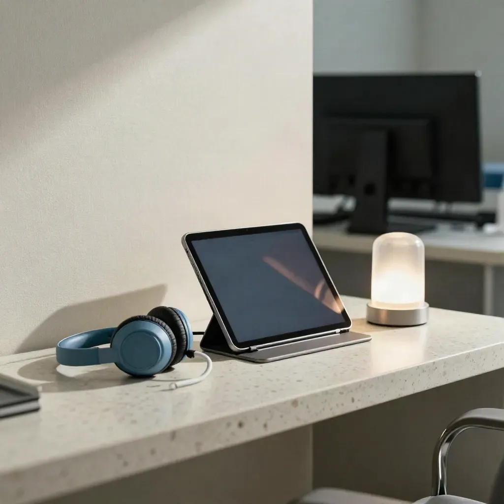 Tablet, headset and charger coil on travertine, lit softly in a telehealth station
